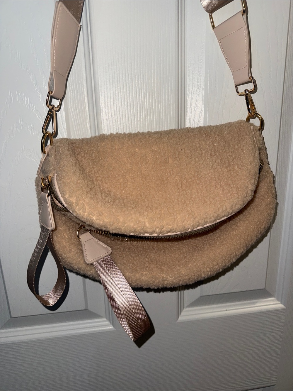 Beige Sherpa Shoulder Bag with Detachable Strap